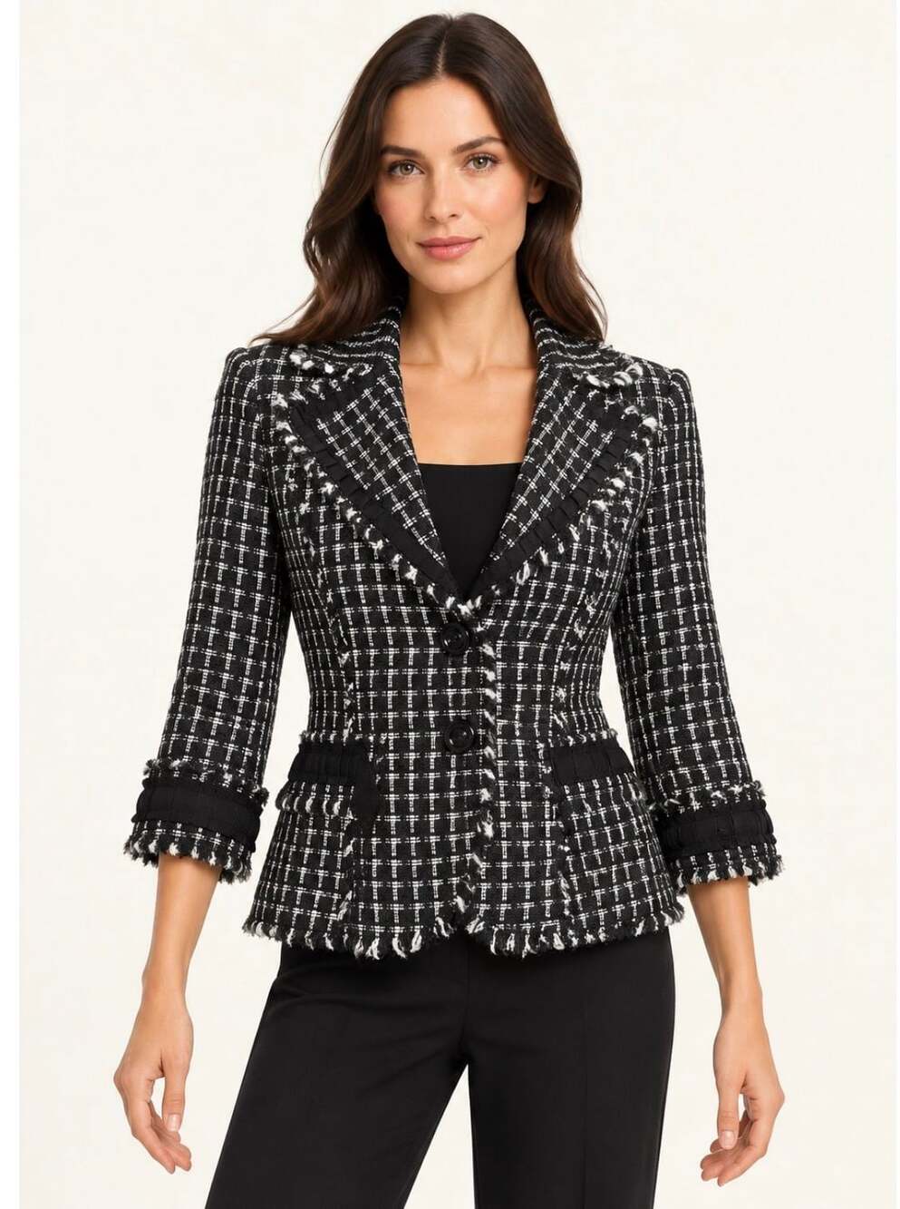 White House Black Market Tweed Blazer Black White Ruffle Trim